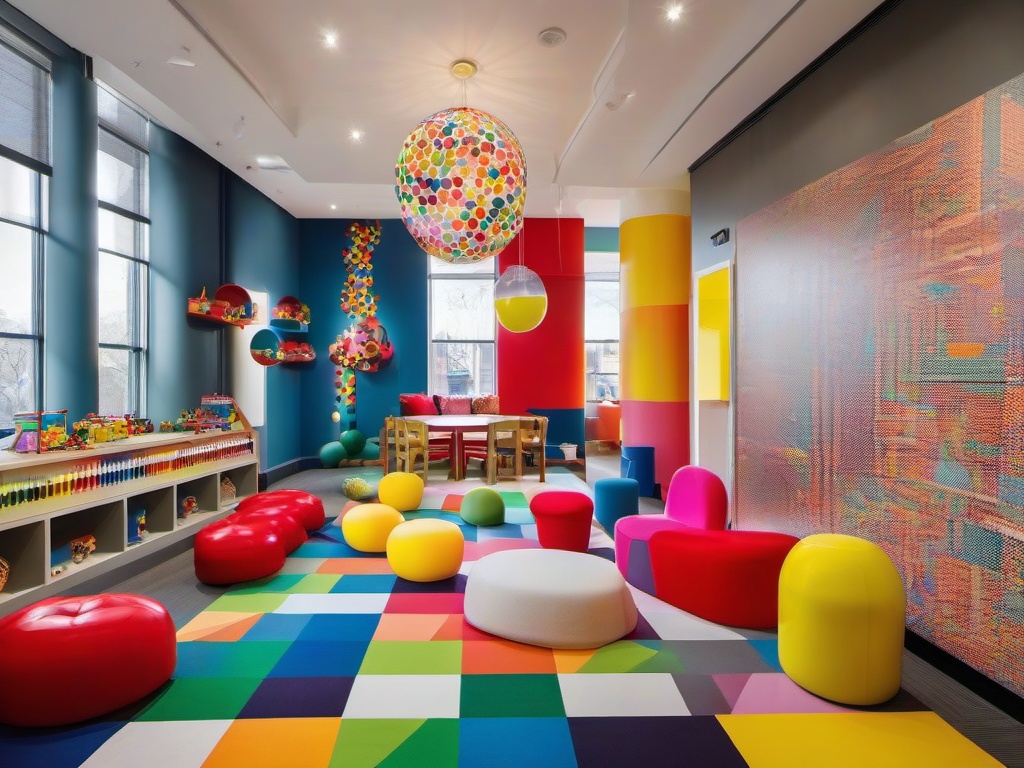 The playroom embodies Pop Art interior design with colorful toys, bold artwork, and a lively atmosphere, providing a fun and engaging space for children's activities.  