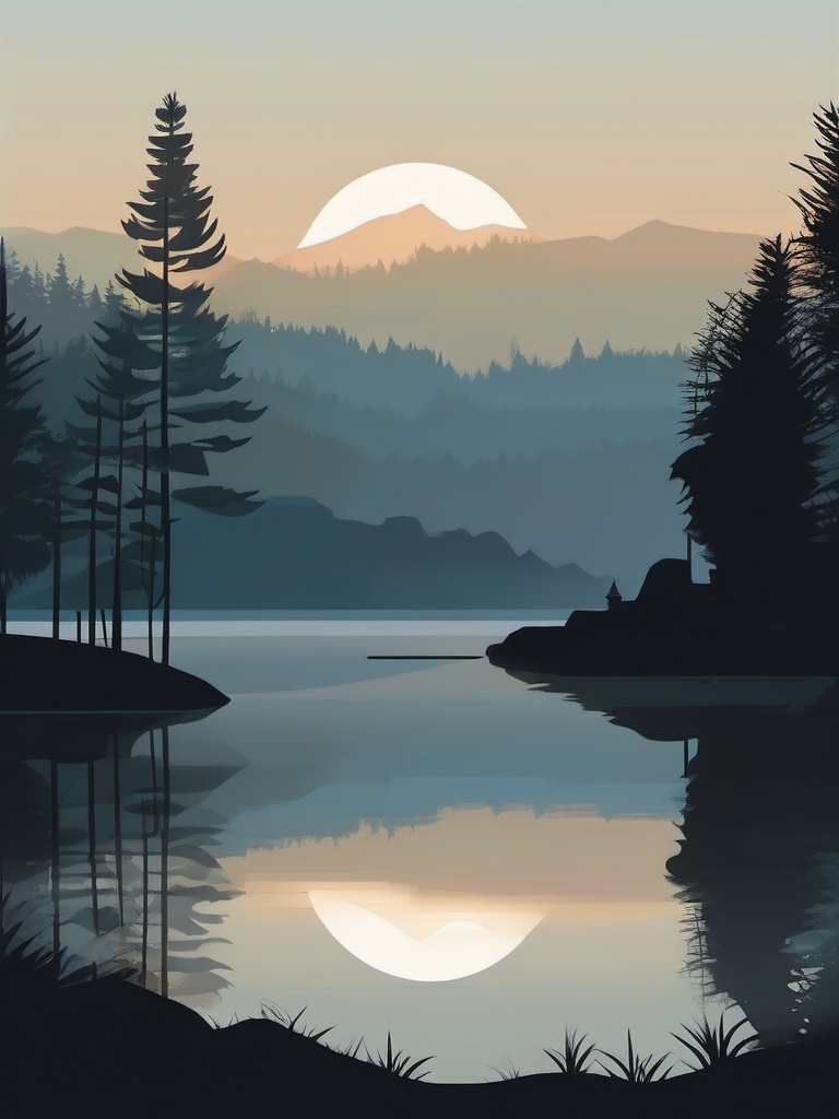 Foggy lakeside sticker- Tranquil and misty, , sticker vector art, minimalist design