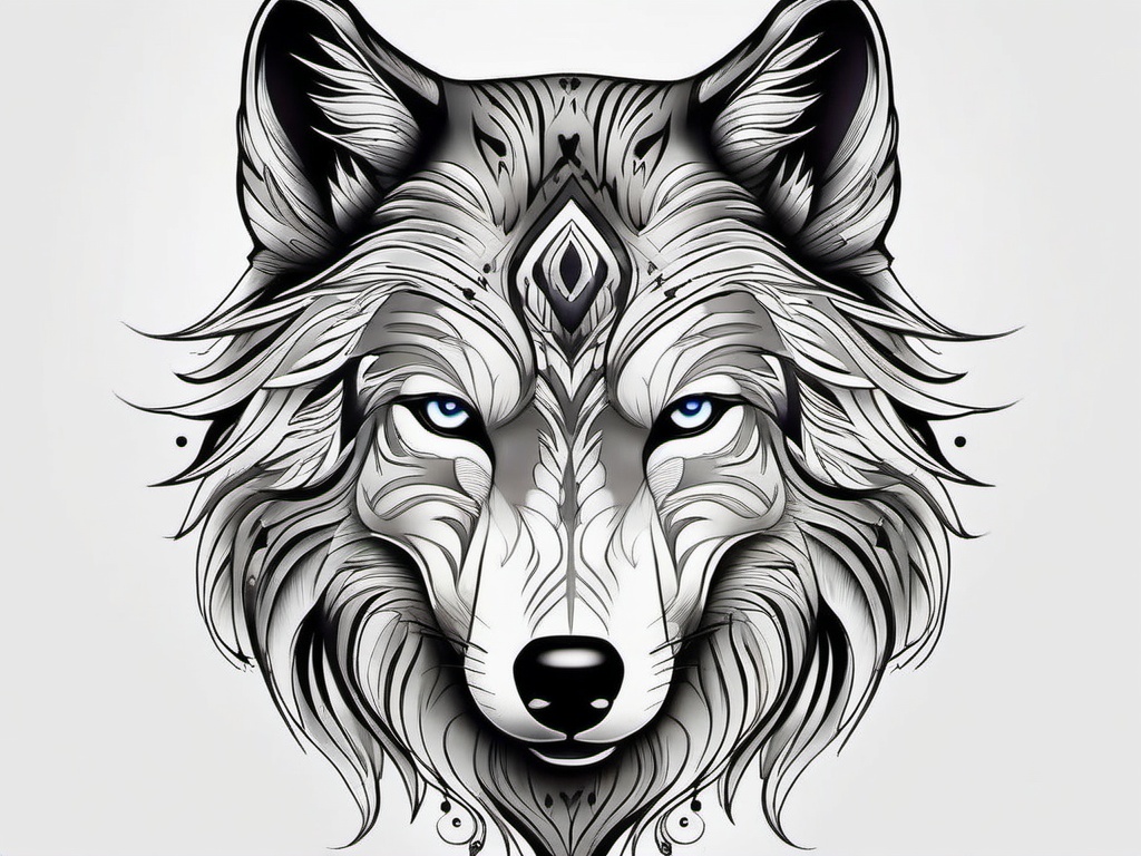 Tattoo for Wolf,enigmatic and alluring portrayal of a wolf, canvas for expressing one's wild spirit. , tattoo design, white clean background