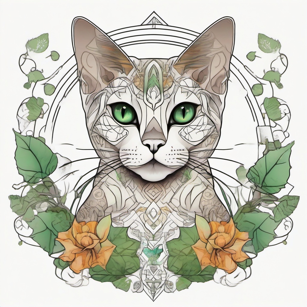 Tonkinese cat with green eyes and geometric patterns on head, monarch butterfly on ear and leaves coming up from bottom. Crescent moon with vines and mushrooms coming out of it.   ,tattoo design, white background