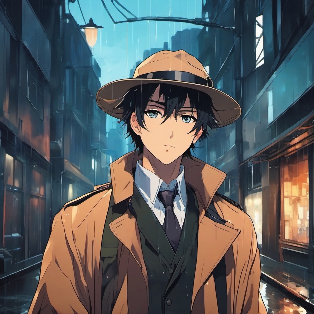 Clever anime detective in a rainy city alley.  front facing ,centered portrait shot, cute anime color style, pfp, full face visible