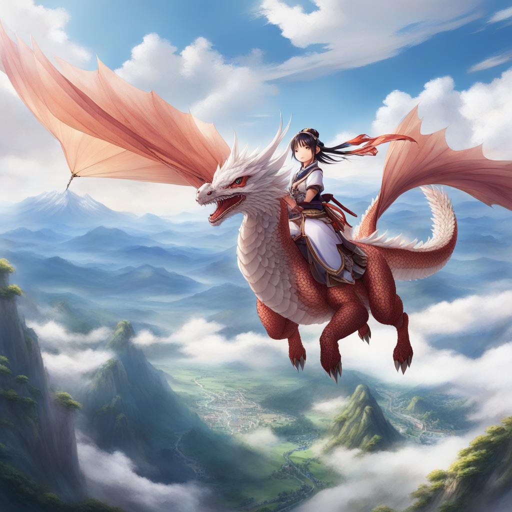 kanna kamui soars through the skies in dragon form above a picturesque mountain range. 