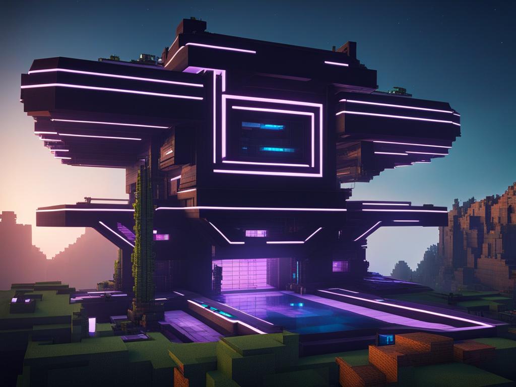 futuristic sci-fi base with high-tech gadgets and neon lights - minecraft house ideas minecraft block style