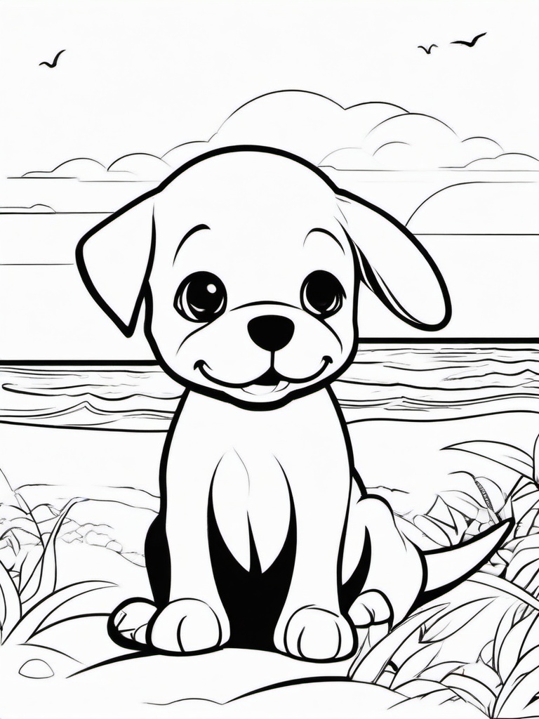 Puppy at the Beach Coloring Pages - Fun in the Sun with a Puppy  minimal black outline printable sheet, coloring page