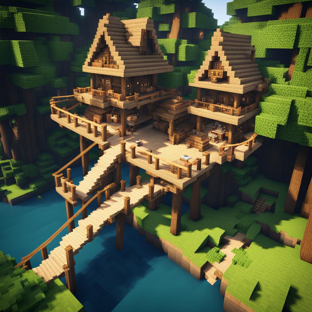 treehouse village interconnected by rope bridges - minecraft house design ideas minecraft block style