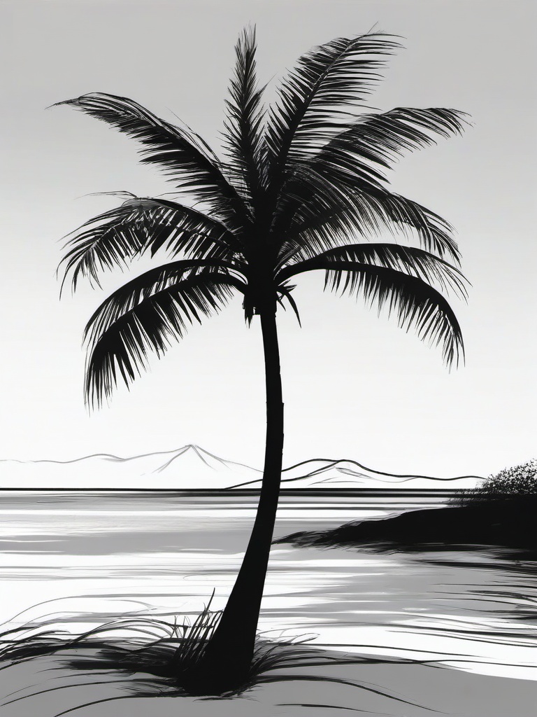 drawing of a palm tree on the beach  minimal rough sketch scribbles,doodles,black and white