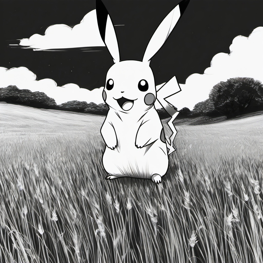 drawing of Pikachu in a field  minimal rough sketch scribbles,doodles,black and white