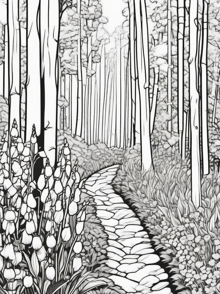 Digitalis coloring page sheet - Digitalis flowers standing tall along a forest trail.  black outline printable coloring page