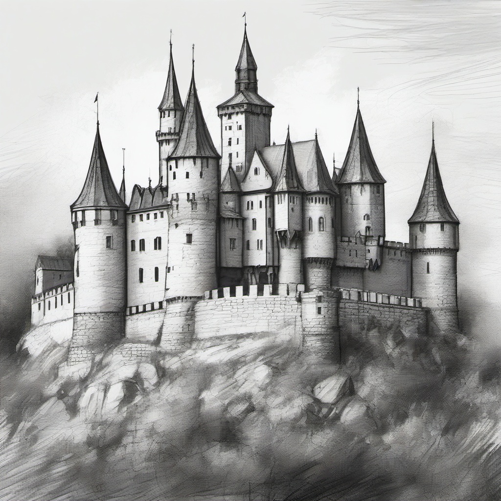 drawing of a medieval castle with towers  minimal rough sketch scribbles,doodles,black and white