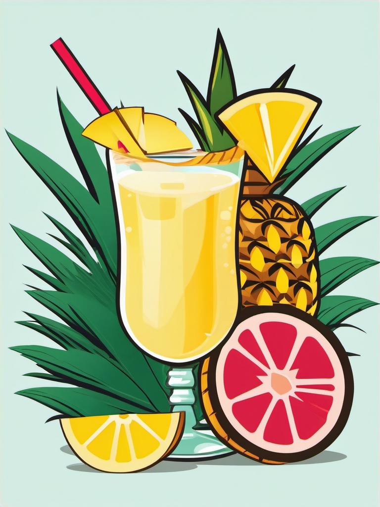 Pineapple Slice and Tiki Drink Clipart - Pineapple slice in a tropical tiki drink.  color vector clipart, minimal style