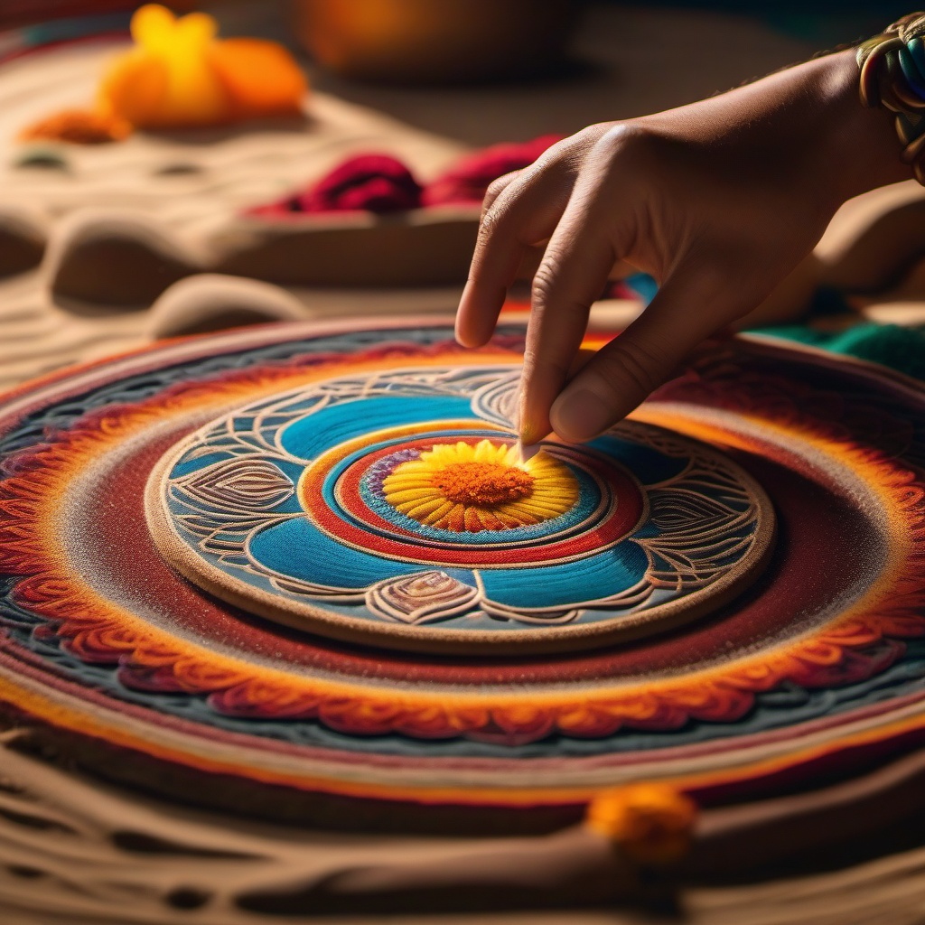 Serene sandy beach, intricate sand mandala, meticulously crafted by skilled hands, showcases artistry of mindfulness and patience. hyperrealistic, intricately detailed, color depth,splash art, concept art, mid shot, sharp focus, dramatic, 2/3 face angle, side light, colorful background