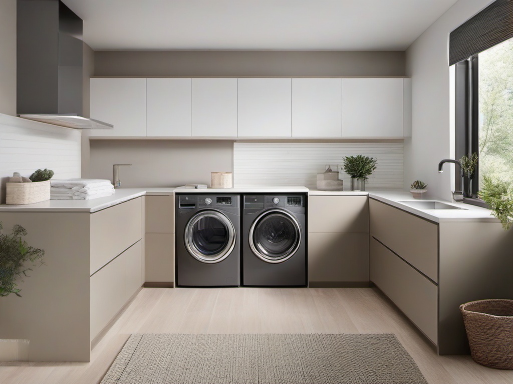 Minimalist laundry room includes simple, streamlined cabinets, a neutral color palette, and organized storage solutions that promote an uncluttered atmosphere.  