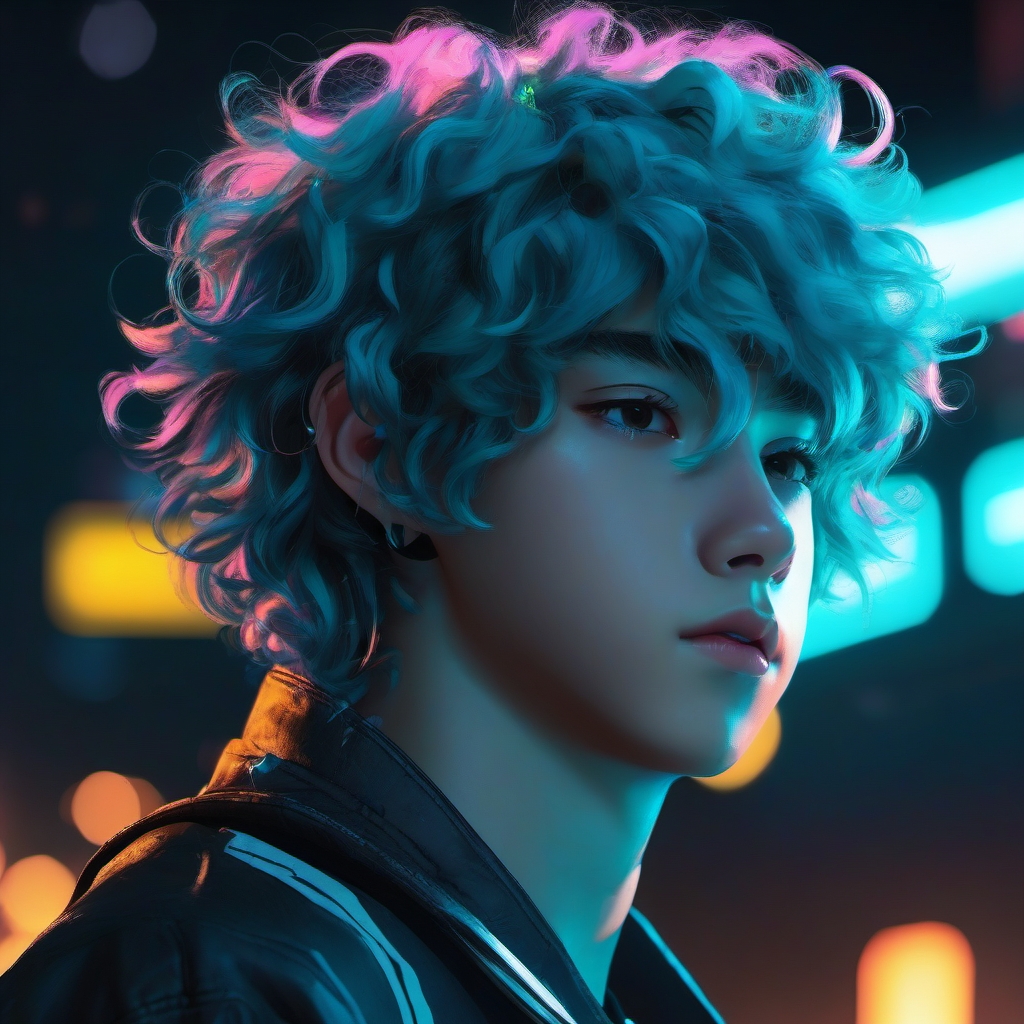 Boy with cyan curly hair in a neon-lit cyberpunk dystopia.  close shot of face, face front facing, profile picture, anime style