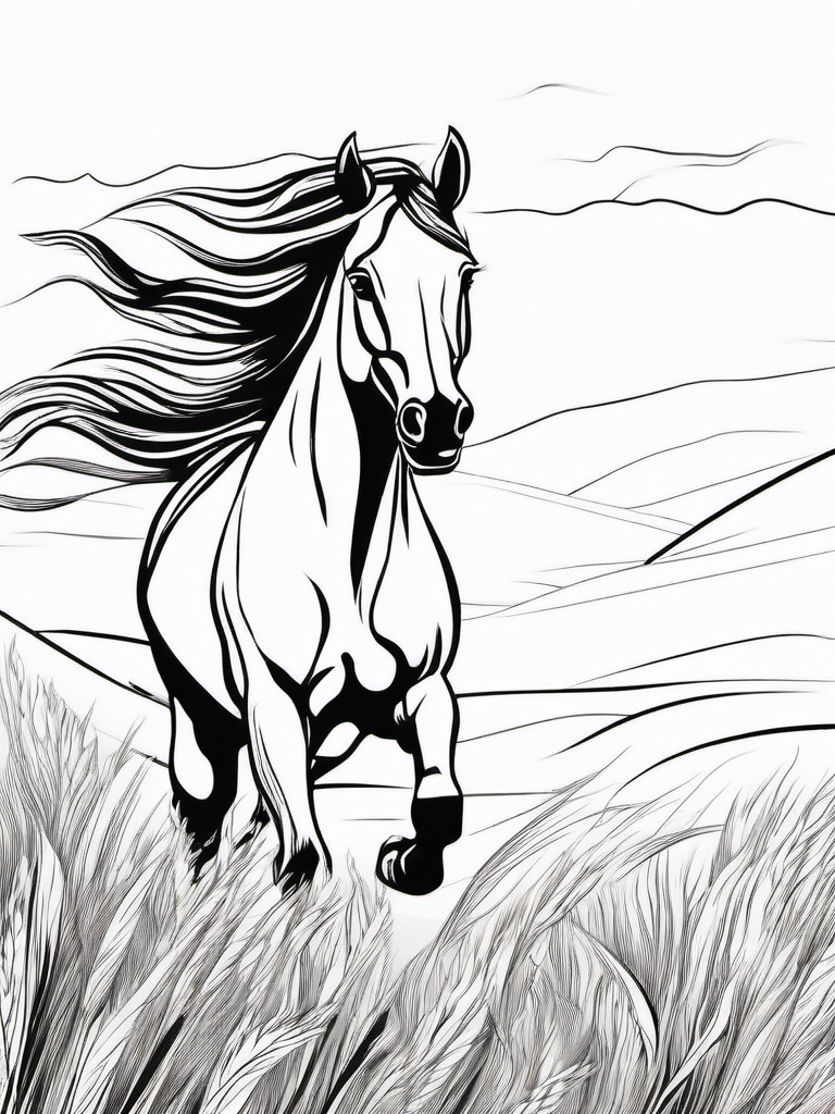 Horse and Wind Coloring Pages - Horse Running in a Breezy Field  minimal black outline printable sheet, coloring page