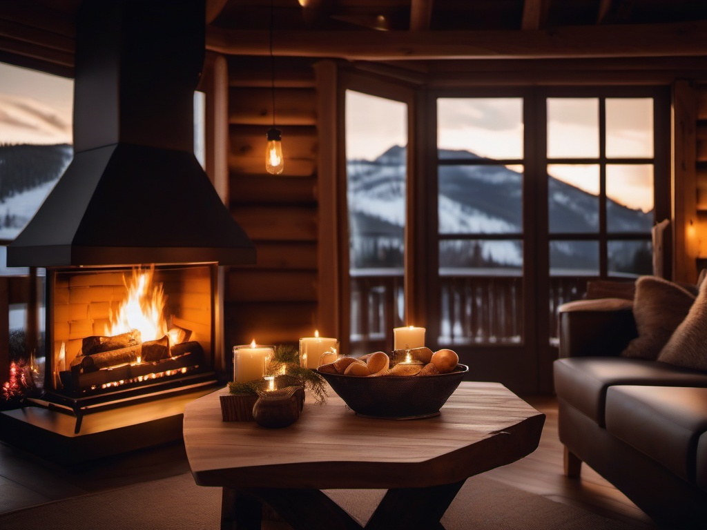 Cozy Chalet by the Fireplace  background picture, close shot professional product  photography, natural lighting, canon lens, shot on dslr 64 megapixels sharp focus