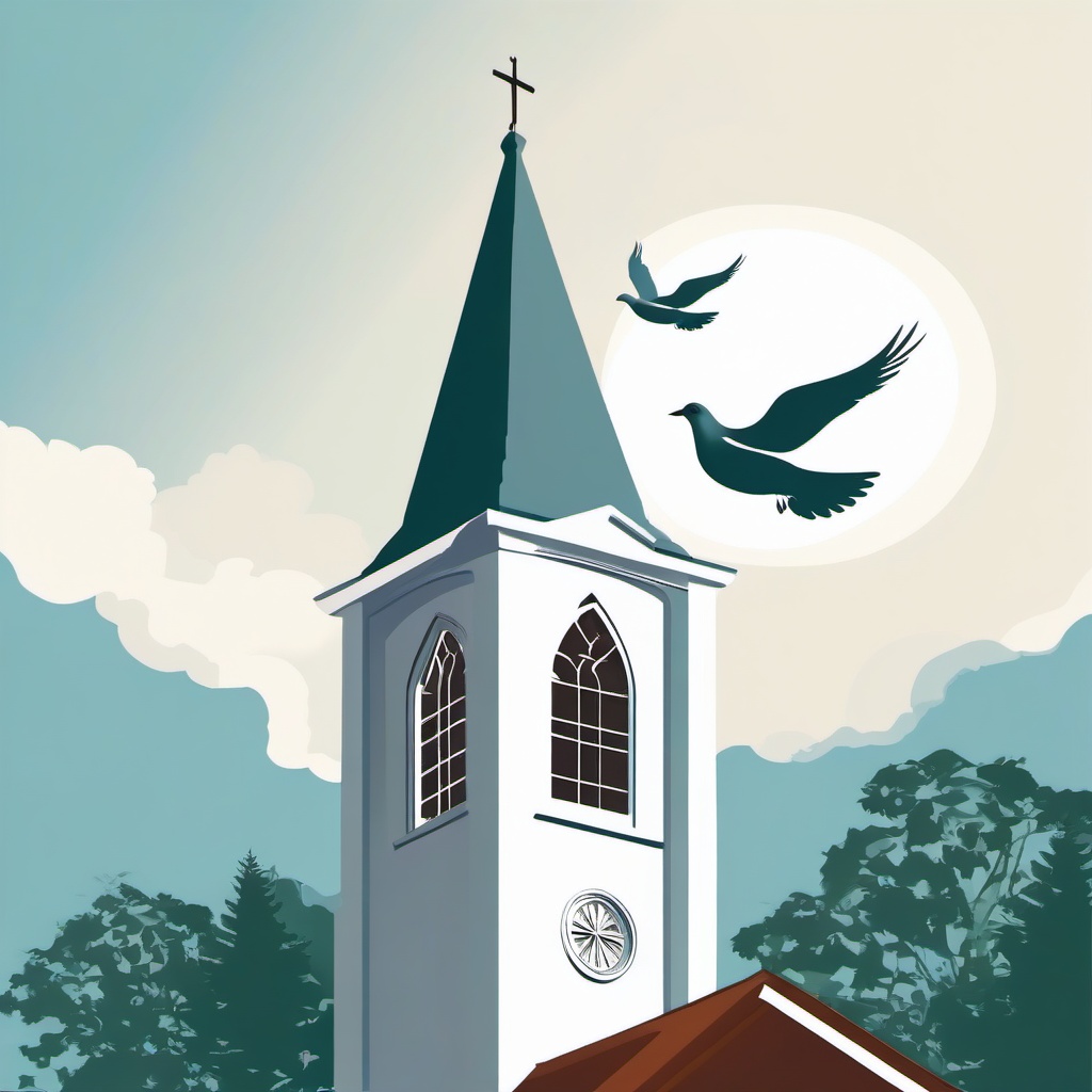 Dove flying over a church steeple clipart.  vector style illustration, white background