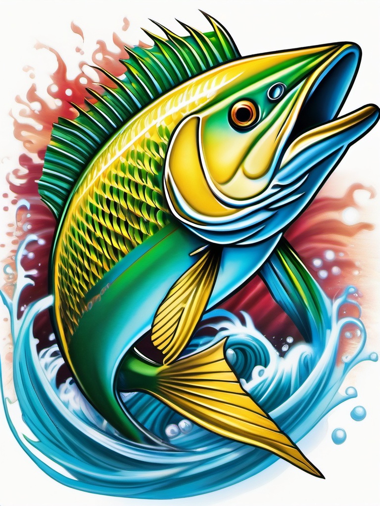 Mahi Tattoo,a captivating tattoo featuring the vibrant mahi-mahi, symbol of the excitement of saltwater angling. , tattoo design, white clean background