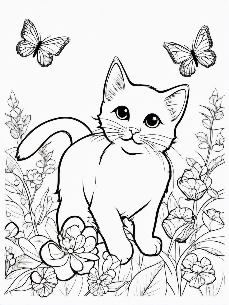 Kitty and Butterflies Coloring Pages - Playful Kitten Chasing Butterflies  minimal black outline printable sheet, coloring page