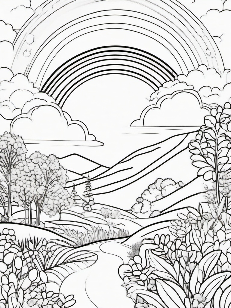 Rainbow Coloring Page - Rainbow with nature-themed embellishments.  easy,simple,minimal,coloring pages,black and white outline