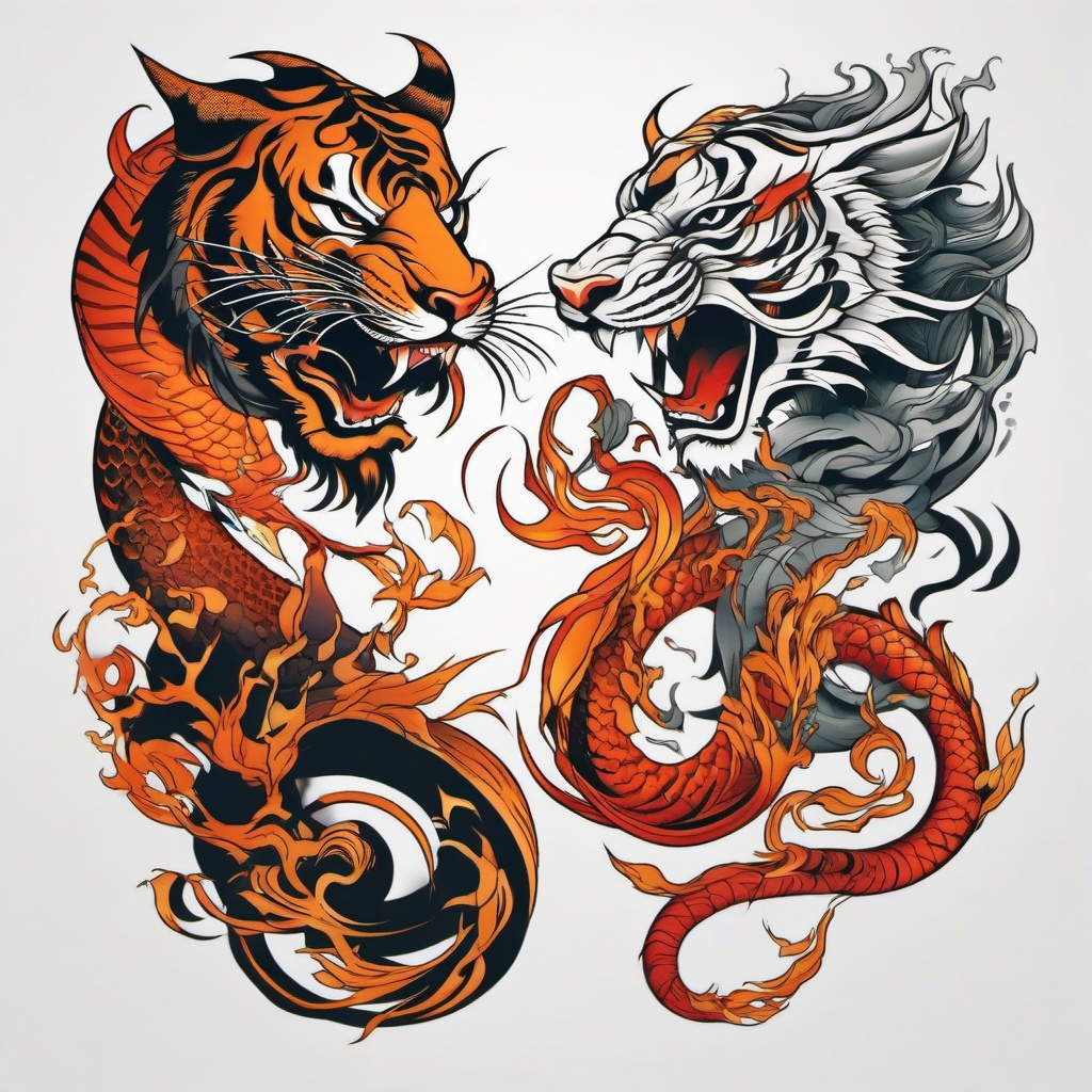 Tattoo Dragon and Tiger - Tattoos featuring both dragon and tiger motifs for a powerful design.  simple color tattoo,minimalist,white background