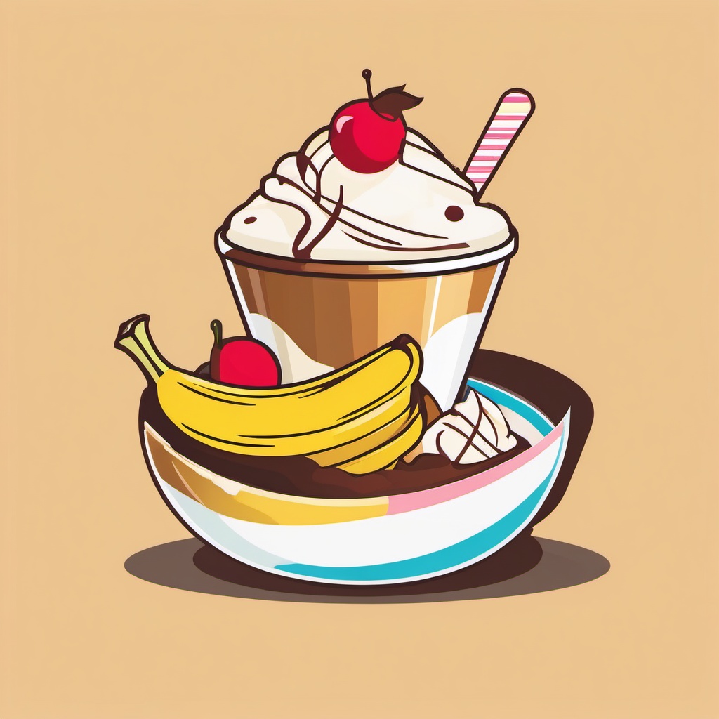 Banana Split Sundae Clipart - A banana split ice cream sundae.  color vector clipart, minimal style