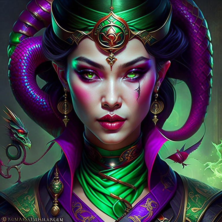 yuan-ti pureblood warlock, seraphina serpentcoil, harnessing eldritch power to unravel the secrets of an ancient tome. 