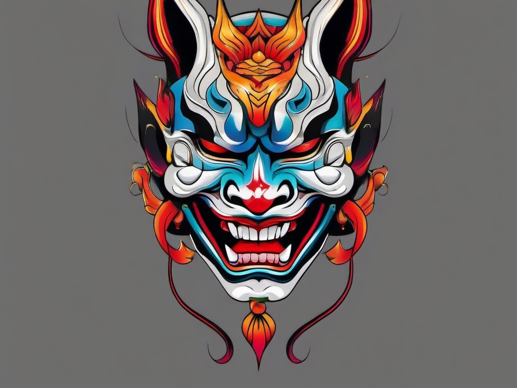 Hannya Mask Colored Tattoo - A vibrant and expressive Hannya mask tattoo featuring a colorful palette.  simple color tattoo,white background,minimal