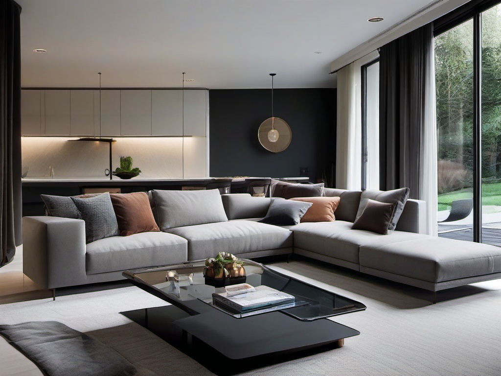 Modern living room features a simple sectional sofa, a glass coffee table, and minimal decor, creating an inviting and open space for relaxation.  