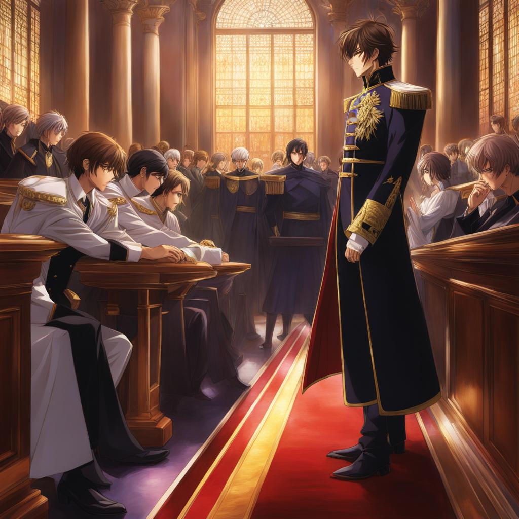 code geass,suzaku kururugi,defending the weak and upholding justice,a bustling courtroom hyperrealistic, intricately detailed, color depth,splash art, concept art, mid shot, sharp focus, dramatic, 2/3 face angle, side light, colorful background