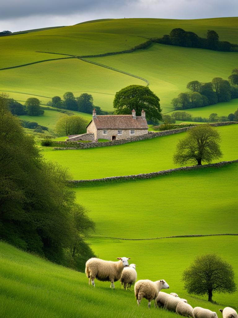 english countryside, strolling through rolling green hills, charming cottages, and grazing sheep. 