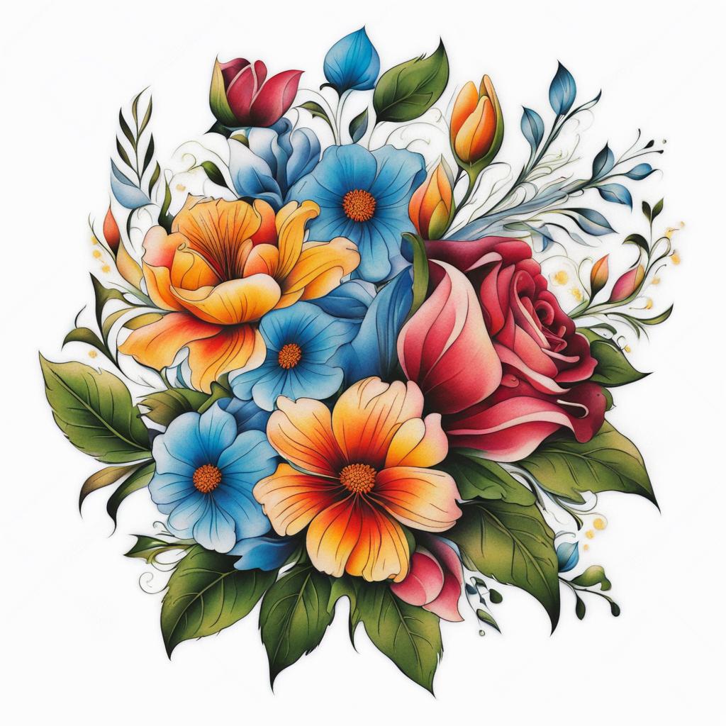 Tattoo flower bouquet, Artistic tattoos representing a bouquet of flowers.  vivid colors, white background, tattoo design