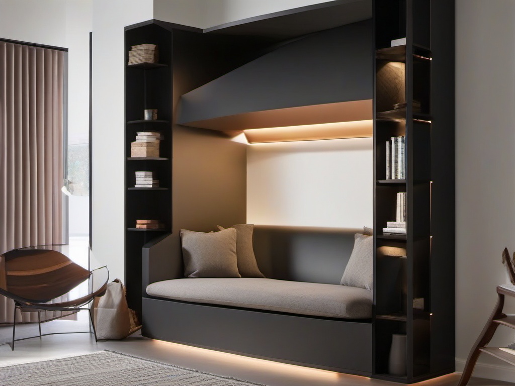 Bauhaus reading nook incorporates clean-lined furniture, minimalist shelving, and geometric lighting, offering a serene and functional space for quiet reading.  