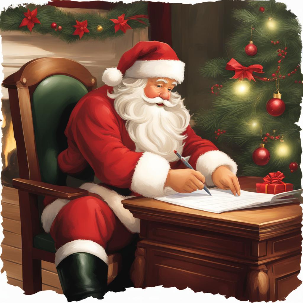 santa clipart: checking his list at the north pole workshop. 