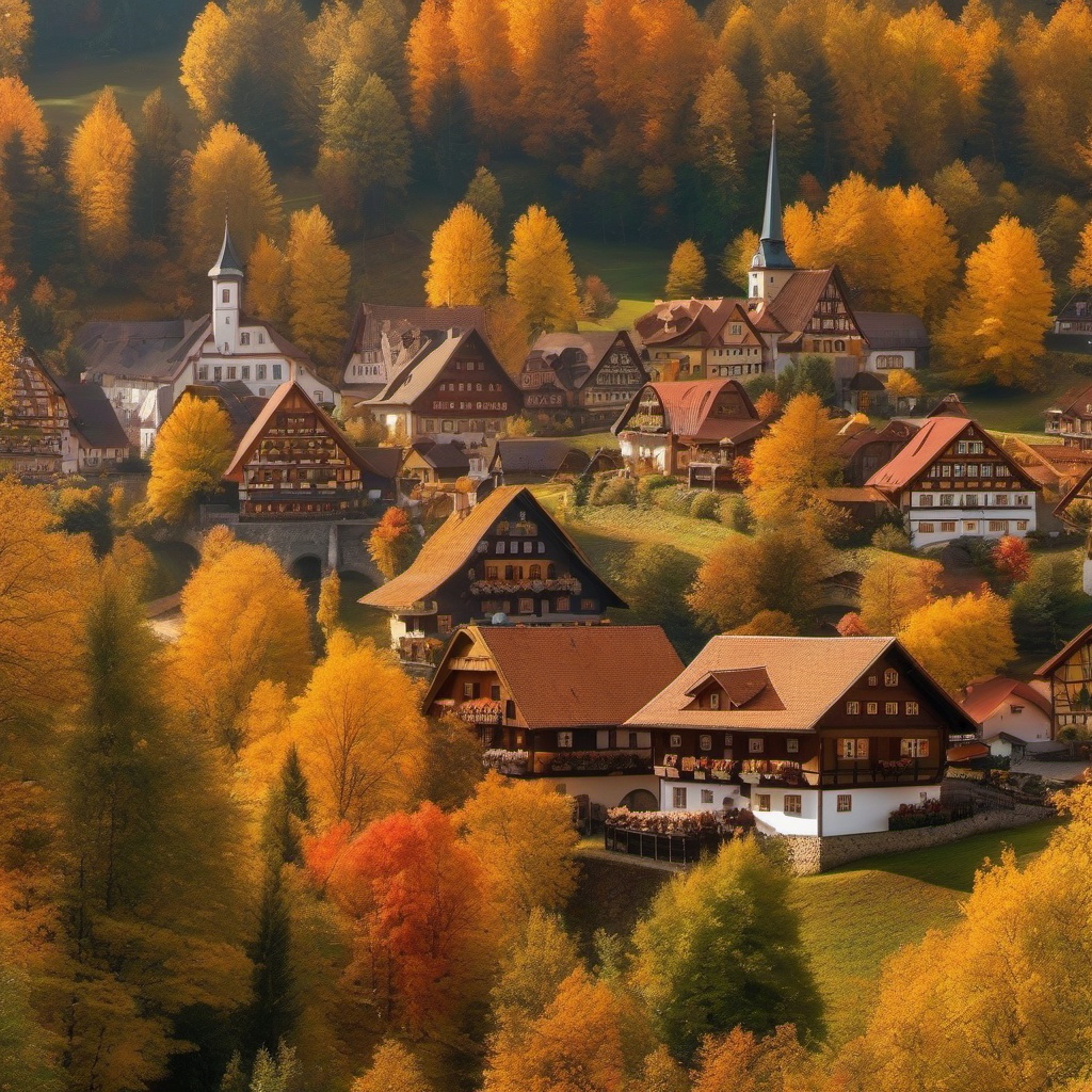 Fall Desktop Wallpaper - Picturesque Bavarian Village in Autumn  wallpaper style, intricate details, patterns, splash art, light colors