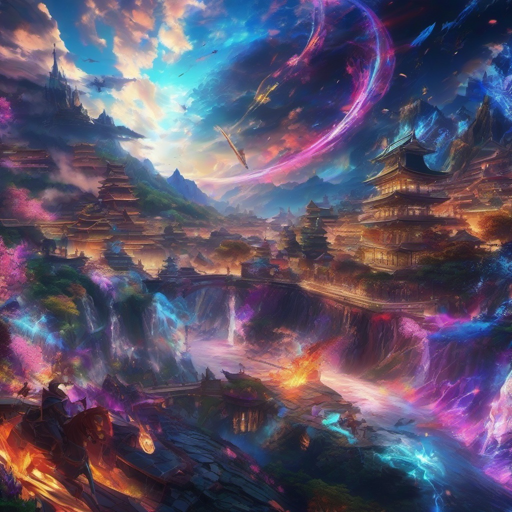 Anime Wallpaper - Epic Anime Battle in a Virtual Realm wallpaper splash art, vibrant colors, intricate patterns