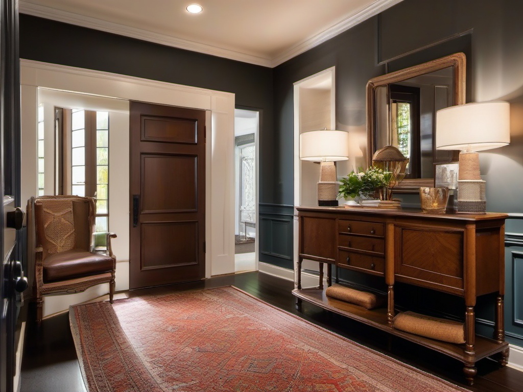 The foyer features vintage interior design with classic furniture, decorative accents, and warm lighting that invites guests into a welcoming and stylish home.  