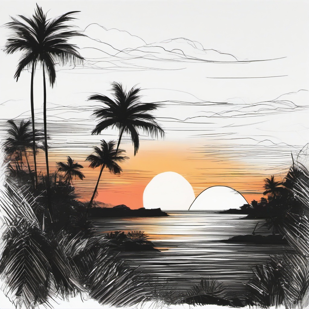 drawing of a tropical sunset  minimal rough sketch scribbles,doodles,black and white