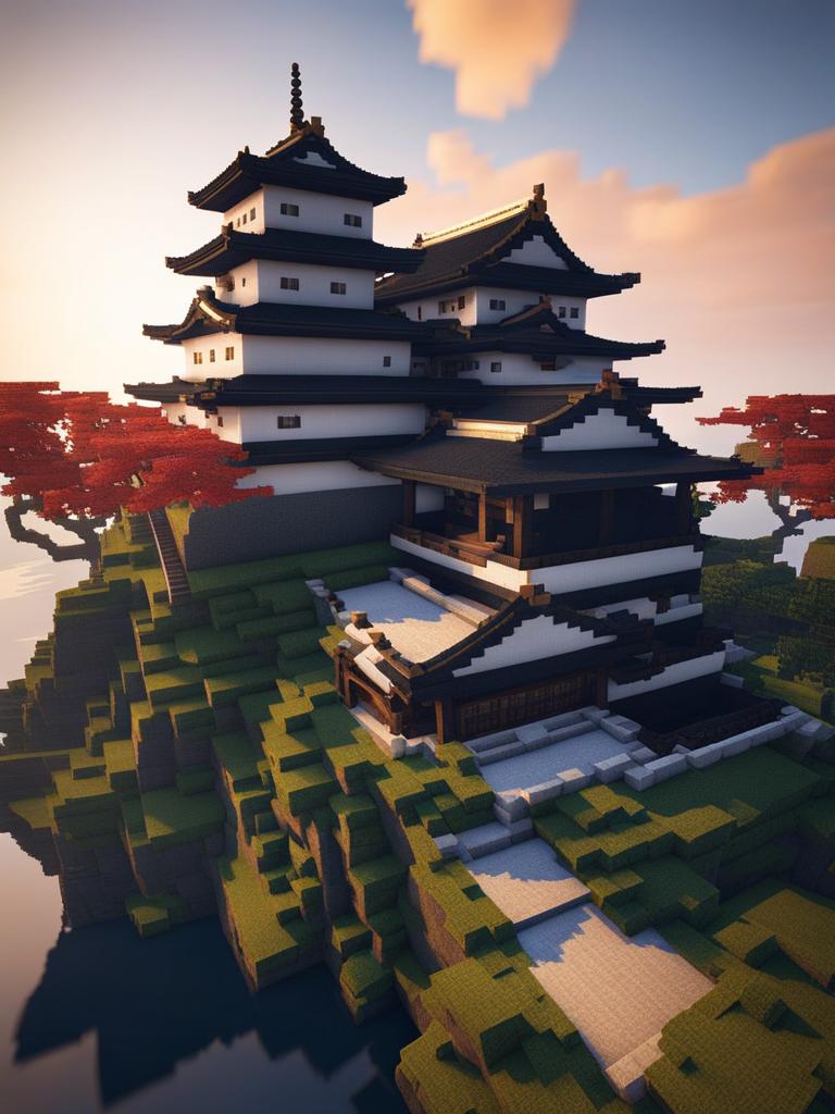 japanese castle on a serene island - minecraft house design ideas 