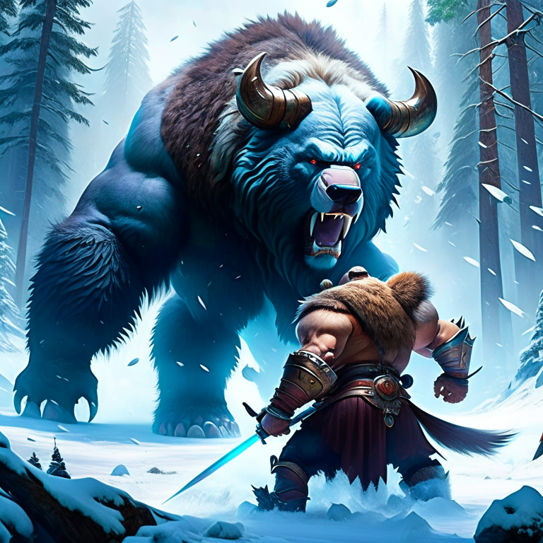 goliath druid shifting into a colossal bear to face off against a frost giant. 