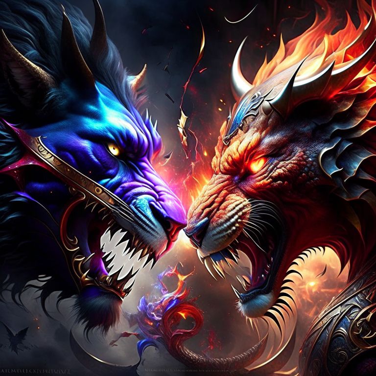 chimera vs manticore - legendary beasts confront each other in an otherworldly realm, venomous breath and fiery roars. 