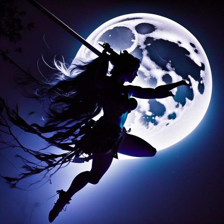 mysterious shadow dancer performing acrobatic feats, blades glinting in the moonlight. 