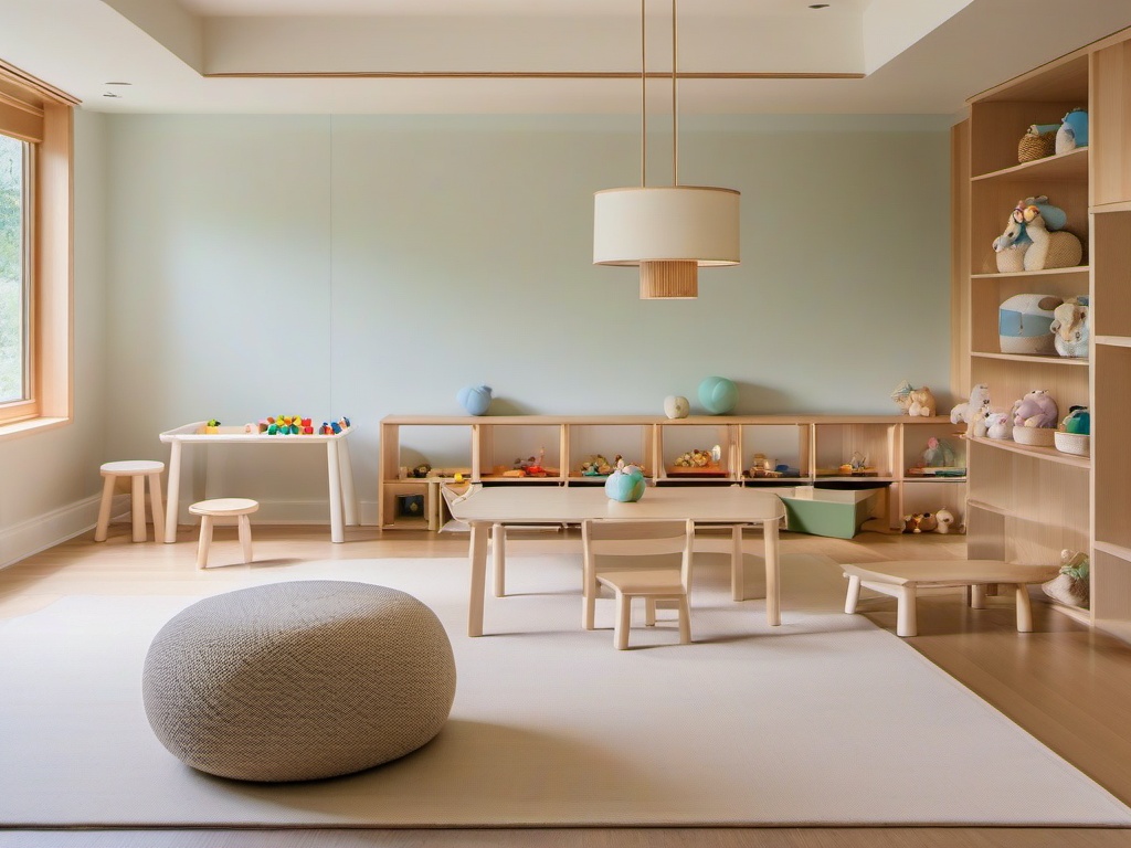 The playroom embodies Japanese Zen interior design with simple toys, functional furniture, and a tranquil color palette, providing a serene space for children's activities.  