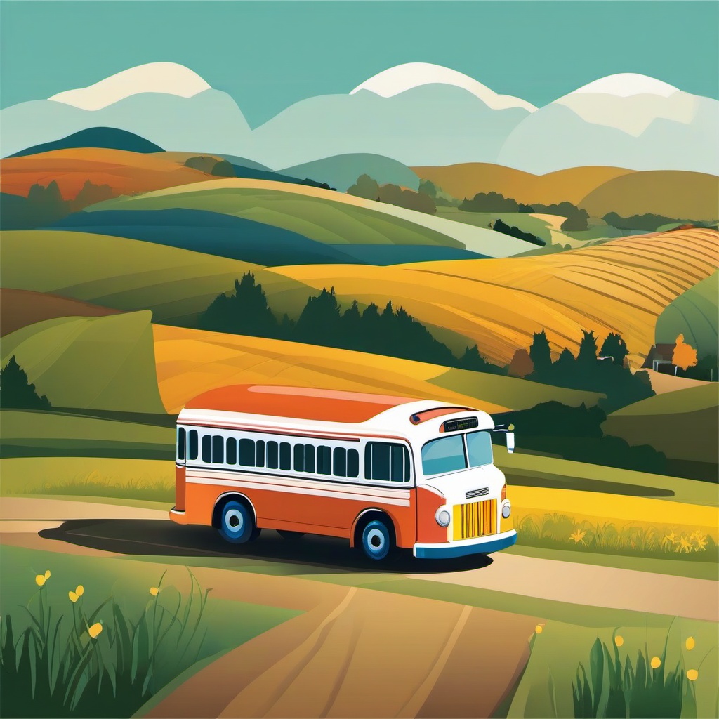 Bus clipart - bus in the countryside with hills  color,minimalist,vector clipart