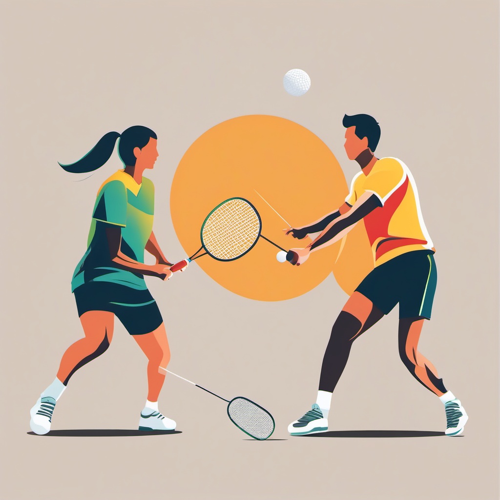 Badminton Doubles Play Clipart - Badminton players engaged in a doubles match.  color vector clipart, minimal style