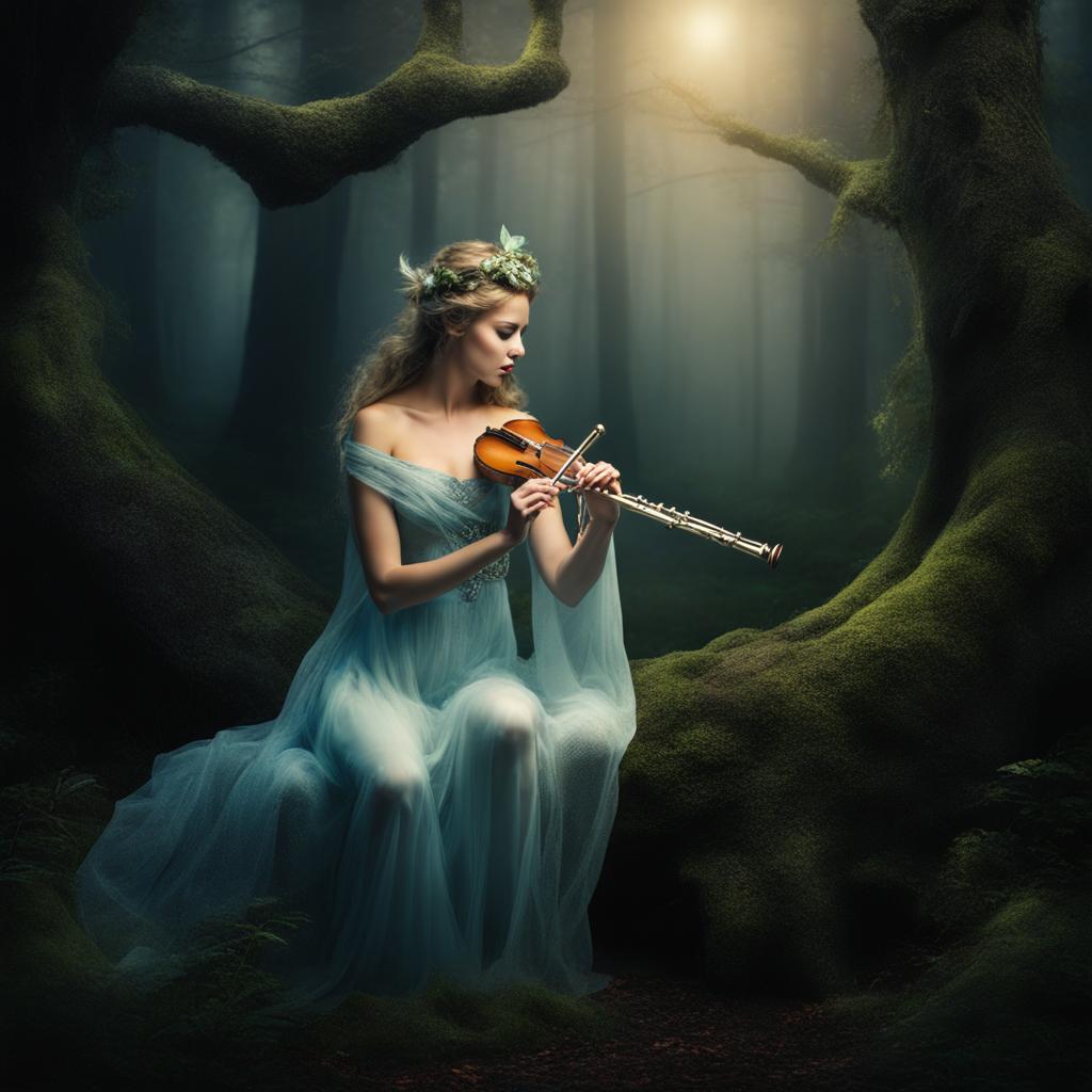 enchanted forest nymph playing a haunting melody on a silver flute. 