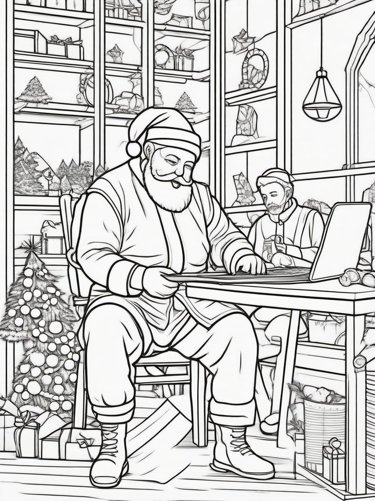 Santa with Elves Coloring Pages - Working in His Christmas Workshop  minimal black outline printable sheet, coloring page