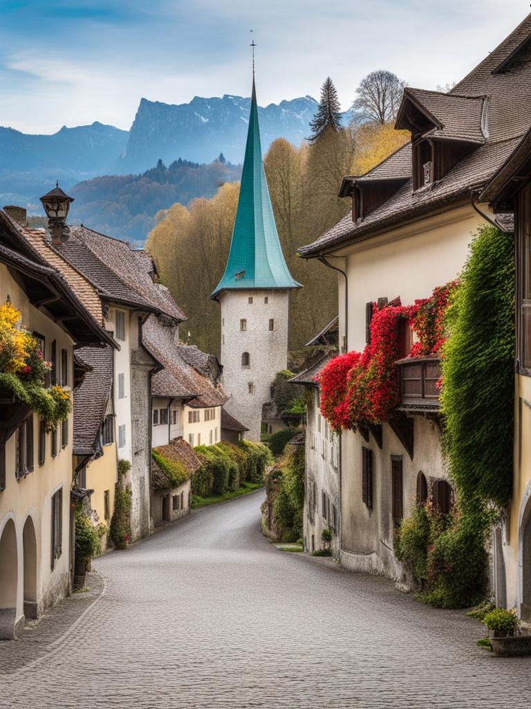 secluded gruyères beauty - create an artwork that conveys the secluded beauty of gruyères, with its medieval charm and historic castle. 