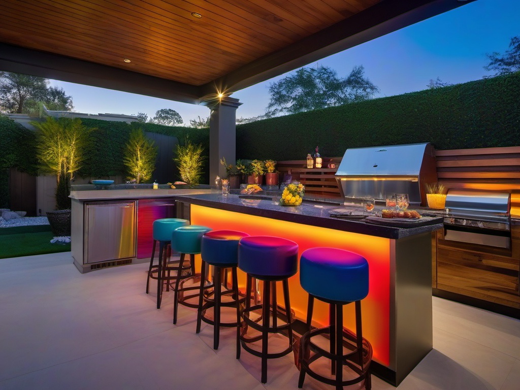 In the outdoor kitchen, cosmic chic interior design showcases a stylish bar area with colorful stools, celestial-themed accents, and ambient lighting that enhances outdoor entertaining.  