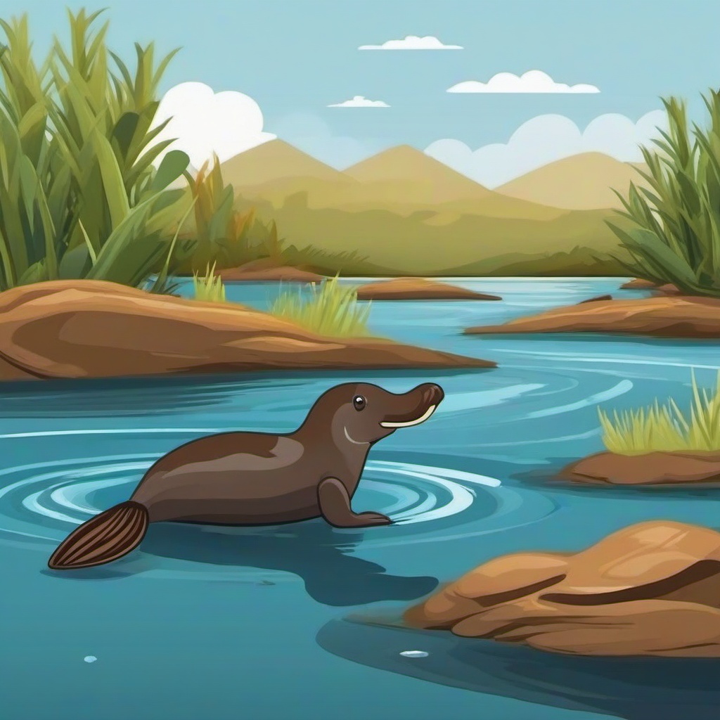 Platypus cartoon - Platypus swimming in a calm river  