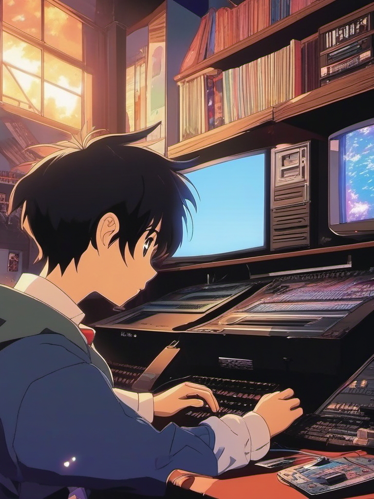 An anime boy, gifted with pixelated dreams, uncovers a forgotten anime studio, bridging the gap between past and present animation styles.  1990s anime style